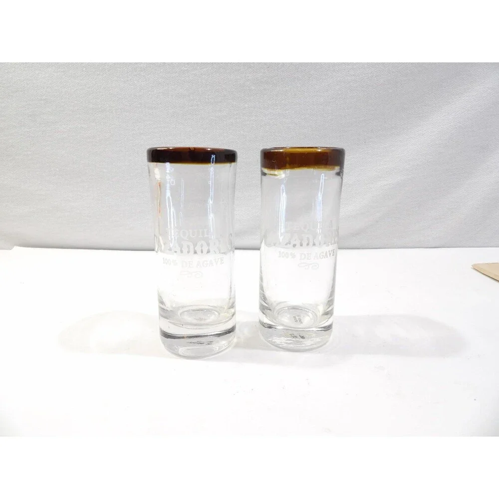 Cazadores Tequila de Agave Tall Brown Rim Shooter Blown Glass Shot Glasses 2pcs